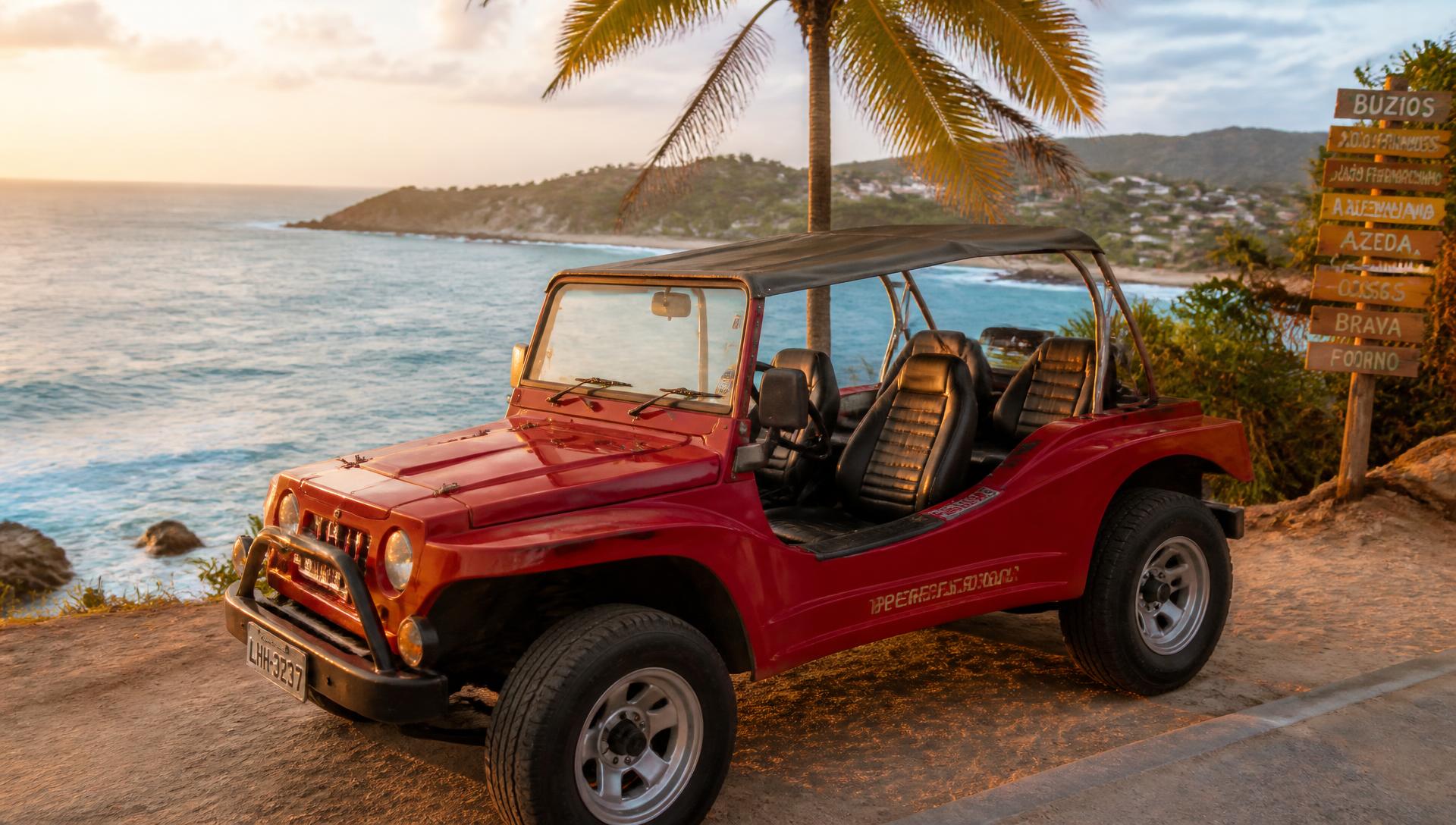 Buggy rojo con techo protector estacionado frente al mar en Búzios, Brasil